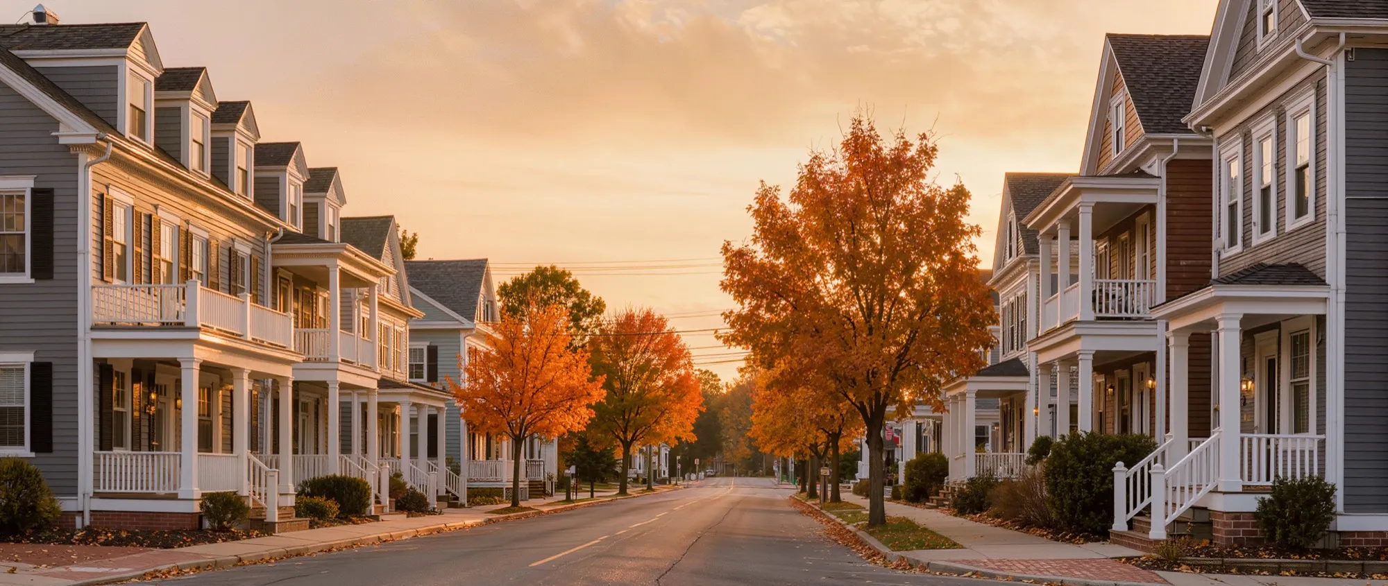 A street of two- and three-family homes with front porches at dusk in autumn